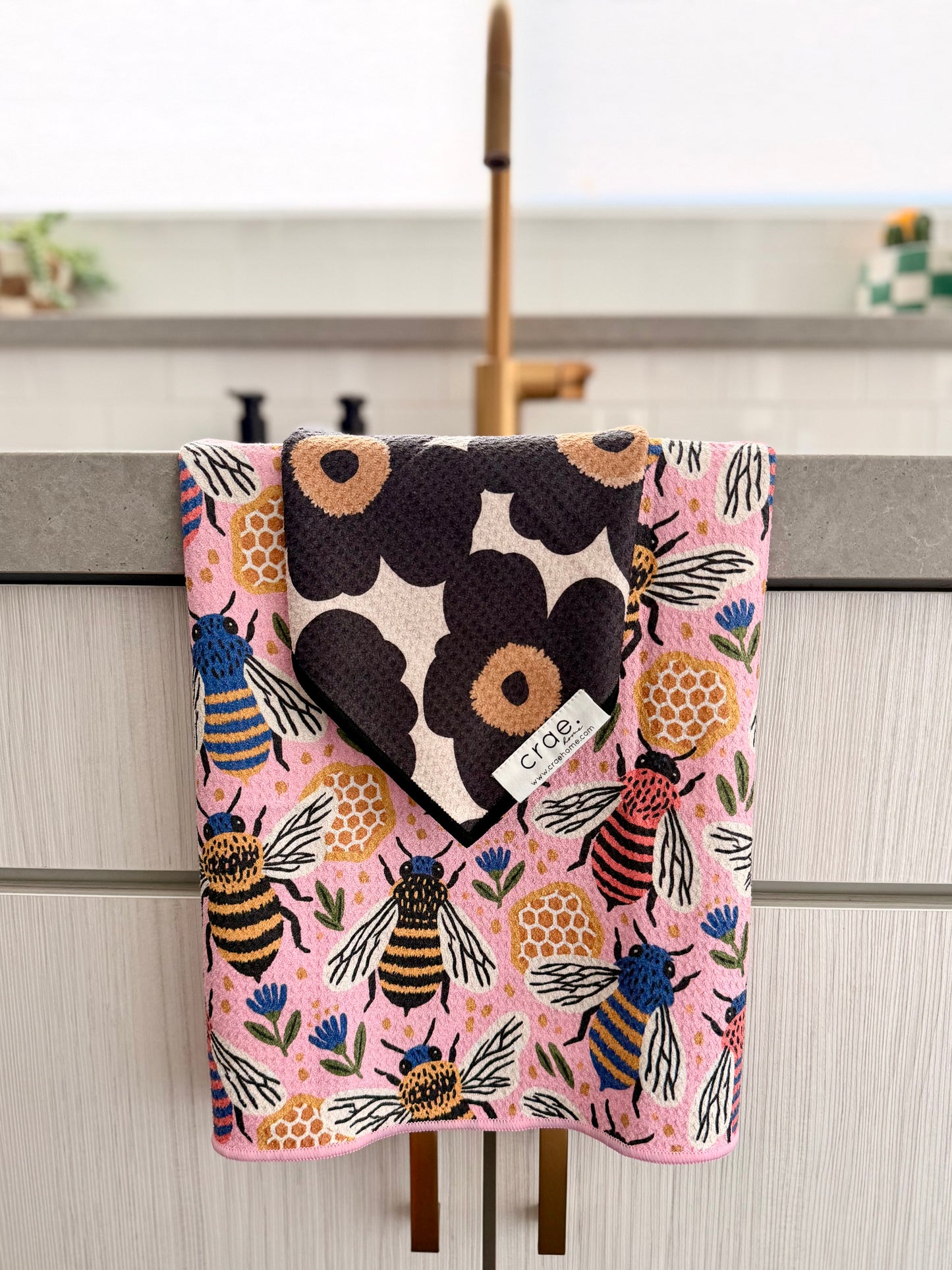 Honeycomb/Black Petals: Double Sided-Hand Towel Washcloth Set