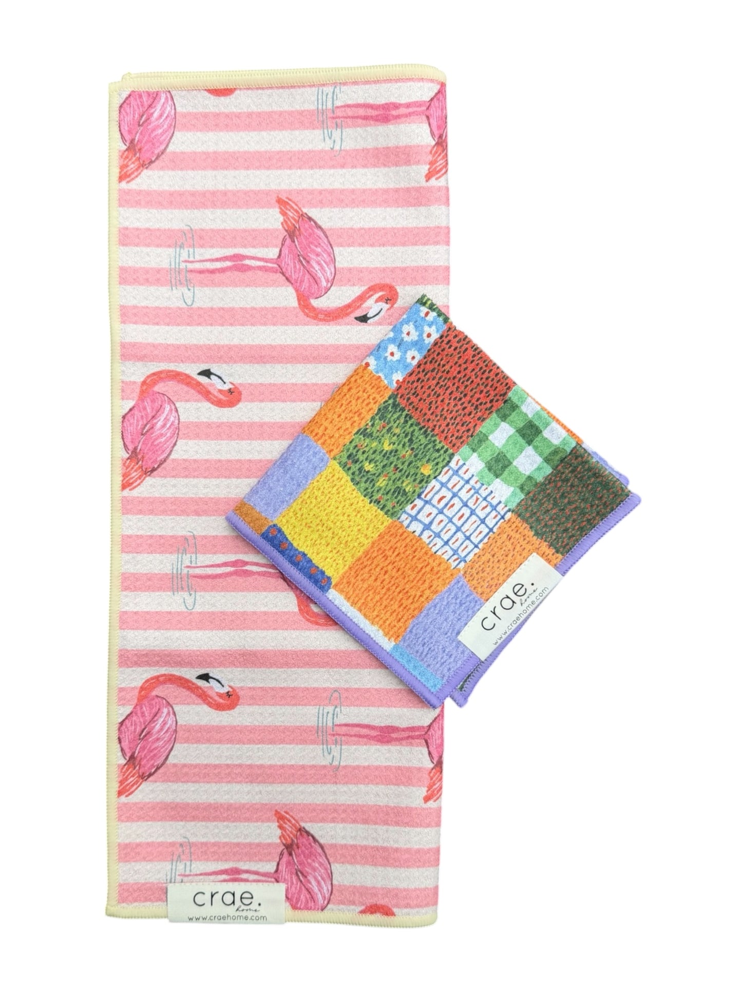 Flamingo Stripes/Patchwork Quilt: Double Sided-Hand Towel Washcloth Set