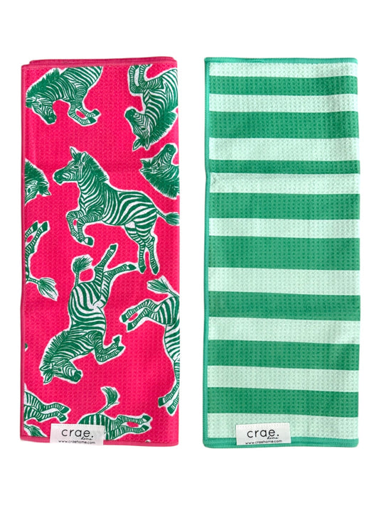 Lime Stripes/Zebra Run: 2 Double Sided-Hand Towels